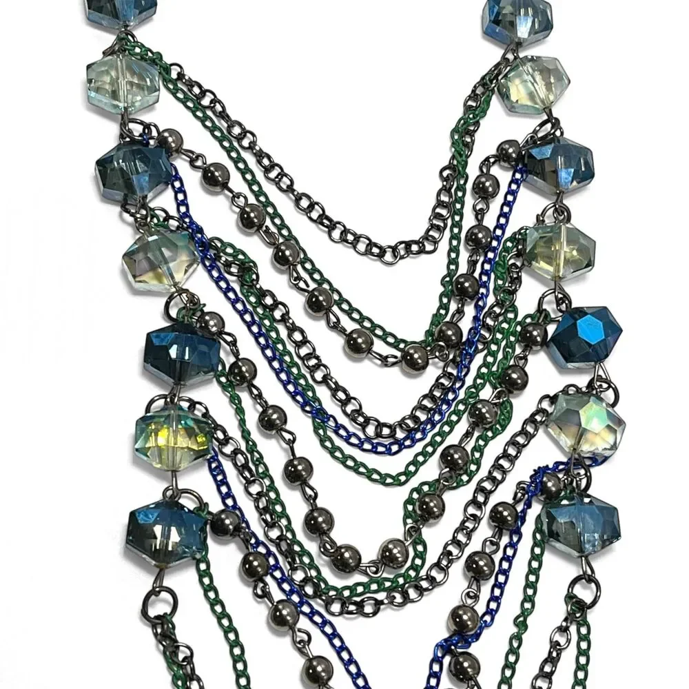 Aurora Borealis Crystal Layered Chains Necklace Chunky Beads Bib Punk Goth Sexy